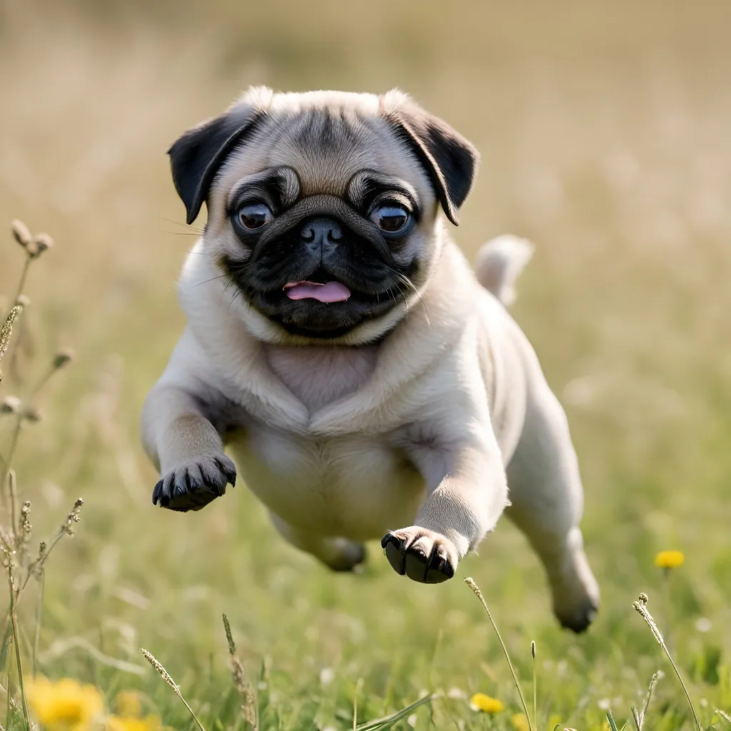 Prompt: Playful Scene of Frolicking Pug Puppy: Capture the pure joy and playfulness of the puppy as itfrolics in a meadow. Utilize natural light, fast shutter speed, and burst mode to freeze its adorable antics. Shot with a DSLR camera, using a telephoto lens, f/4, and continuous autofocus. --ar 3:2 --v 5 --q 1