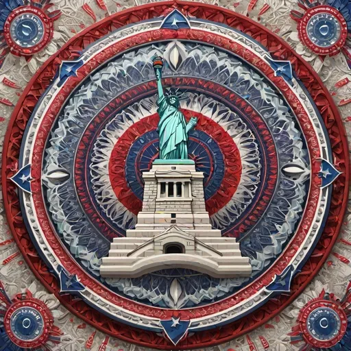 Prompt: Intricate mandala with freedom symbols and red white and blue, Liberty Bell, Statue of Liberty, American flag, unity and liberty, detailed, highres, symbolic, vibrant colors, unity, spiritual, mandala, patriotic, detailed patterns, intricate design, traditional art style, bright and vibrant tones, natural lighting