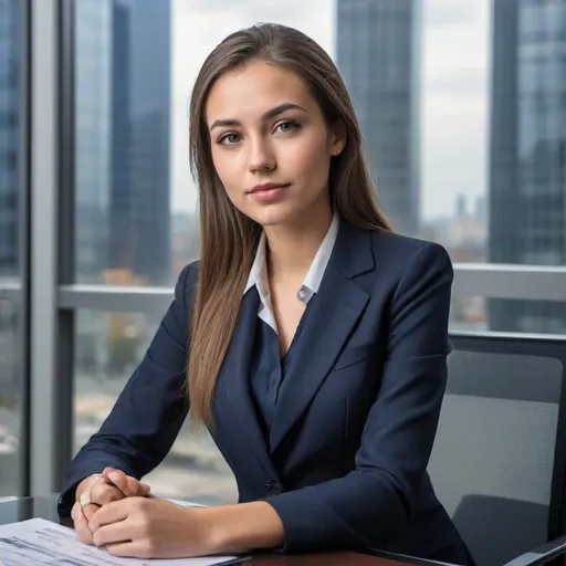 Prompt: Highly detailed photograph. Young beautiful lady sitting in an offfice setting dressed in business navy blue attire. She is interviewing for an executive assistant role. The office has glass windows lookingg out at a modern city setting. 