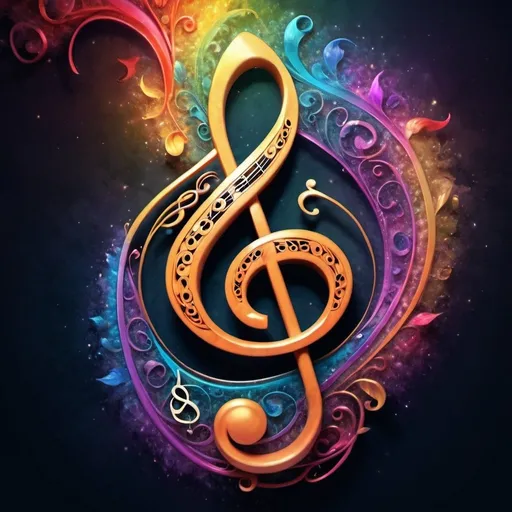 Prompt: High definition illustration of a mesmerizing treble clef, intricate musical notes swirling around, vibrant and colorful musical atmosphere, fantasy art, surreal style, vivid and dynamic composition, rich textures, ethereal lighting, detailed and lifelike, 4k, ultra-detailed, fantasy art, surreal, vibrant colors, dynamic composition, detailed textures, ethereal lighting