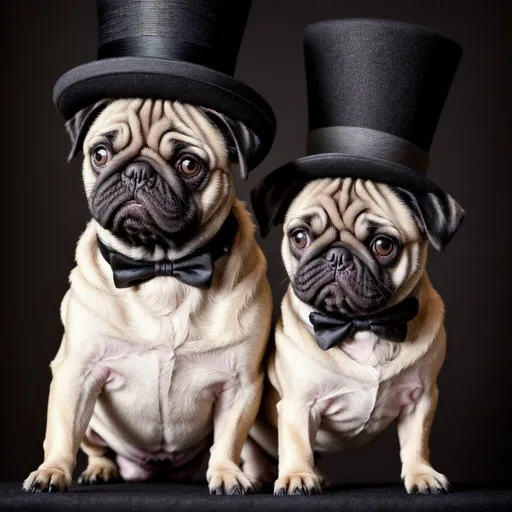 Prompt: Pug puppy wearing a fancy black top hat, detailed fur with cute wrinkles, adorable and curious expression, oil painting, high quality, realistic, cute, luxurious, warm lighting, detailed wrinkles, top hat, puppy eyes, charming, professional