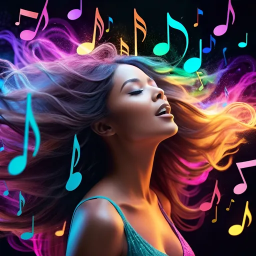 Prompt: 3D render of a woman with long flowing hair made of cascading musical notes, each note releasing a burst of vibrant color. Around her, ethereal particles of neon hues move, capturing the essence of a musical symphony in a visual spectacle.