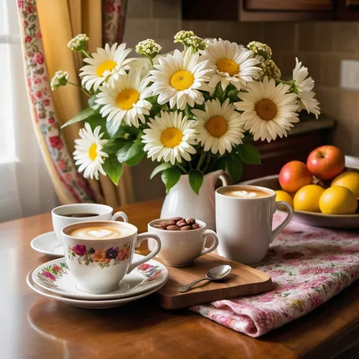 Prompt: Morning Mug of Coffee sitting on a beautifully adorned breakfast table with flowers. Btightly lit early morning kitchen with colorful drapes and countryside. 