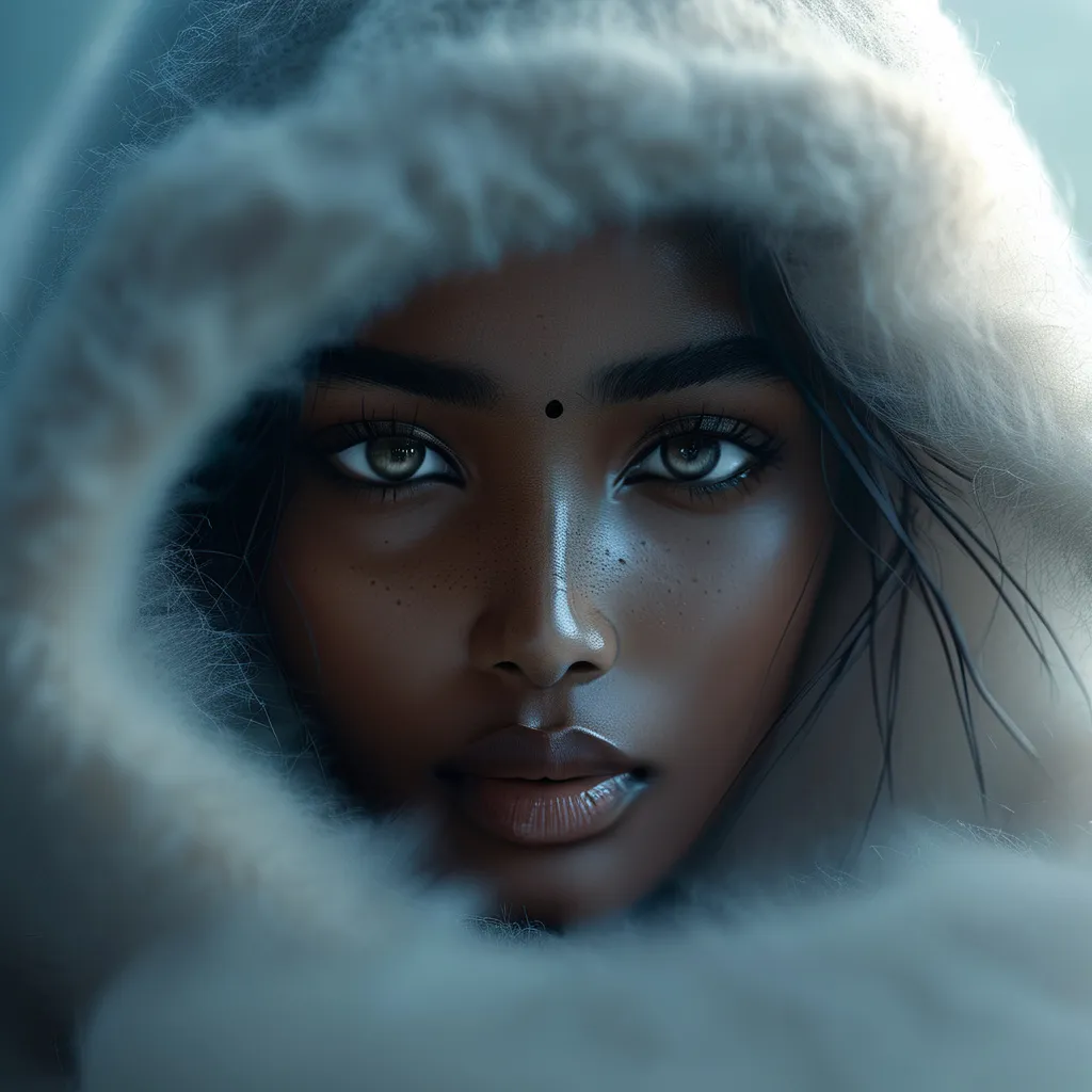 Prompt: photorealistic, (high resolution), East Indian Black haied female model with haunting hazel colored eyes, No Bindi, introspective pose with her face cradled in hands, her gaze is directly into the camera, she is enveloped in a thick fog with nothing else visible, serene and tranquil ambiance, cool muted color tones, subtle light filtering through mist, creating an ethereal atmosphere, fine details on facial features, (ultra-detailed) background scenery of soft silhouettes.