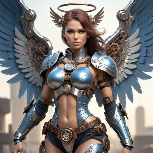Prompt: Steampunk Valkyrie angel character with a silver and blue costume adorned with wings, blending plastic armor and mystical elements. Emphasize her powerful physique, winged appearance, and epic angel wings growing out of her arms. Incorporate super-wide wingspan and big angel wings wide open, drawing inspiration from biblically accurate angels. Blend cyborg and angelic aspects to depict a unique character, a beautiful cyborg angel girl with a muscular warrior physique. Add totalitarian socialist themes and massive angel wings for a visually striking, otherworldly representation of a Steampunk Valkyrie.

