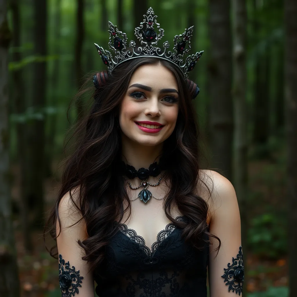 Prompt: Goth Prom Queen, hint of a smile, forest background