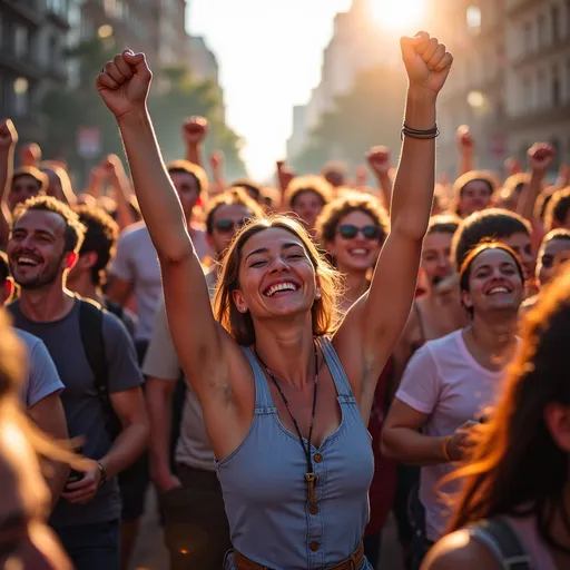 Prompt: photorealistic, high resolution photo of prorestors in the streets, (fists raised in victory), expressions of joy and triumph, diverse group, vibrant colors, dynamic atmosphere, warm sunlight casting beautiful shadows, capturing the moment of civic engagement and exuberance, ultra-detailed surroundings, ensuring an authentic representation of the 1st Amendment experience.