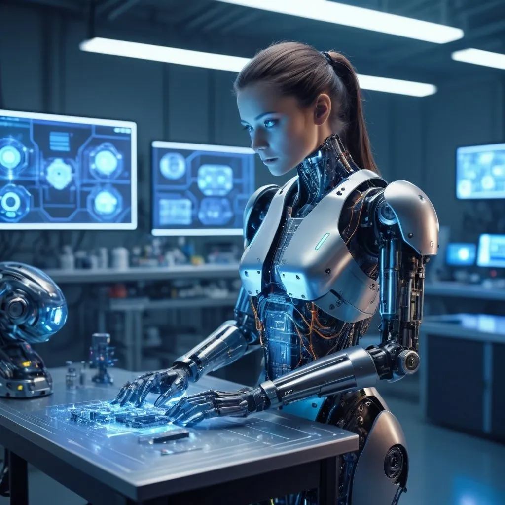 Prompt: Cybernetic engineer in a futuristic lab, surrounded by advanced robotics, holographic displays, neon lighting reflecting on metallic surfaces, detailed workbench with high-tech tools, focused gaze, realistic textures of circuitry and steel, dynamic composition, high-resolution, sci-fi innovation theme, 4k --ar 1:2 --s 110