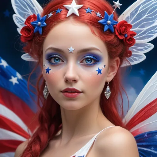 Prompt: Closeup of patriotic fairy goddess, vivid red, white, and blue colors, dreamlike setting, ethereal and majestic, detailed features, 4th of July celebration, vibrant and surreal, high quality, dreamscape, patriotic, fairy goddess, vivid colors, detailed features, ethereal, majestic, surreal, vibrant, closeup, dreamlike, fantasy art, professional, vibrant lighting
