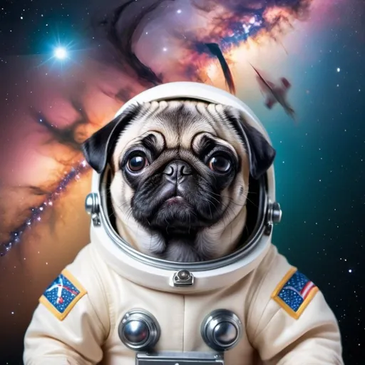 Prompt: create a photo of a small pug puppy dog, in a spacesuit, view from space and spaceship soft bright colours, display milky way galaxy bird eye view in very minute details, very bright and vivid colours.