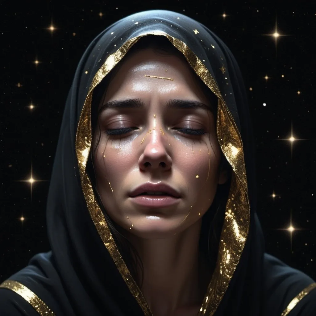 Prompt: Crying woman's head covered in a totally black cloth, indistinguishable face, black background with gold stars, dark and mysterious, space art, hologram, hidden facial features, high-res, realistic, space, dark tones, holographic, mysterious lighting, Eve Ryder, professional illustration