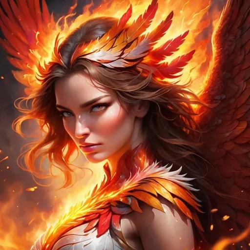 Prompt: Beautiful woman as a fierce phoenix rising from the ashes, resilient flames, close-up, dynamic lighting, vibrant, photorealistic art, 16:9, highres, ultra-detailed, dynamic, fiery colors, intense lighting, digital painting, phoenix, vibrant flames, dramatic composition, detailed feathers, professional photography, dynamic lighting