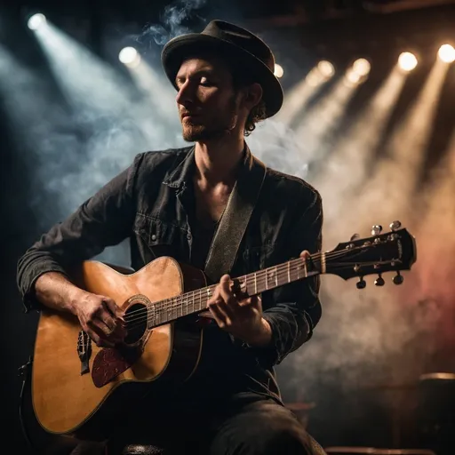 Prompt: Create a portrait of a musician playing a guitar on a stage. Use a Sony α7 III camera with a 100mm lens at F 1.2 aperture setting to blur the background and isolate the subject. The stage should have dramatic lighting with spotlights and smoke to create a dynamic and engaging atmosphere. Use a Rembrandt lighting effect to highlight the musician’s face and hands.