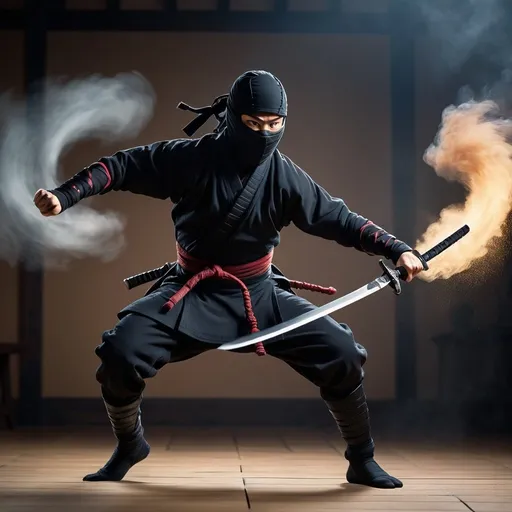 Prompt: Create a photo-realistic image of a ninja leaping through the air with a sword in hand. Use the Nikon D850 DSLR 4k camera with an 85mm lens at F 1.2 aperture setting to blur the background and isolate the subject. The lighting should be dark and dramatic with a hint of smoke in the background. image inspiration like tipseason.com Use the Midjourney v5 with photorealism mode turned on to create an ultra-realistic image that captures the power and agility of the ninja.