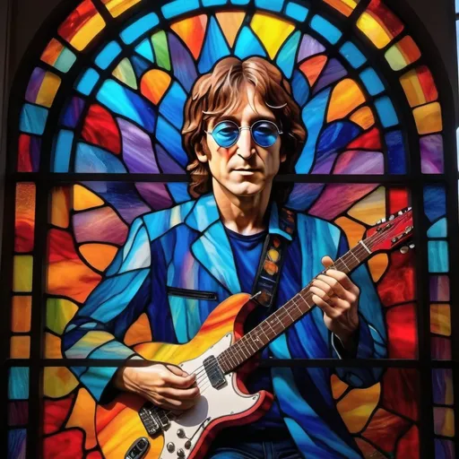 Prompt: Colorful Music themed window with John Lennon playing electric guitar and a vibrant background