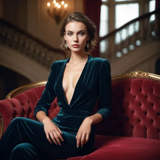 Prompt: A personal portrait of a fashion model sitting on a velvet couch, with a blurred backdrop of a grand staircase. Use a Hasselblad camera with a 100mm lens at F 1.2 aperture setting and dreamlike lighting to capture the subject’s beauty and elegance.