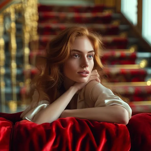 Prompt: Personal portrait of stunningly beautiful redhead fashion model, SFW, velvet couch, grand staircase in blurred backdrop, dreamlike lighting, professional photography, elegant pose, high contrast, bokeh effect, fine art, high-end luxury, Hasselblad camera, 100mm lens, F 1.2 aperture, dreamy atmosphere, glamorous, detailed features, best quality, highres, professional lighting