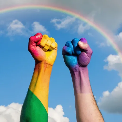 Prompt: two rainbow colored fists, a man's a a woman's, raised high amidst a cloud filled sky in celebration of Pride Month. 