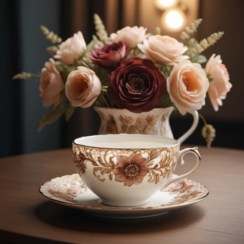 Prompt: Beautiful, elegant, intricate coffee cup, porcelain material, delicate floral patterns, high quality, detailed, realistic, elegant, vintage, warm tones, soft lighting