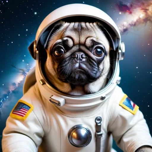 Prompt: create a photo of a small pug puppy dog, in a spacesuit, view from space and spaceship soft bright colours, display milky way galaxy bird eye view in very minute details, very bright and vivid colour.   