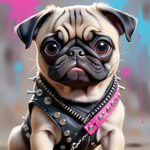 Prompt: pug puppy looking adorable, in punk art style