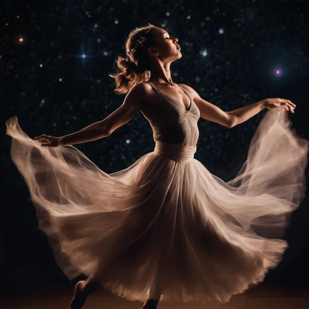 Prompt: Celestial Dancer: Capture the ethereal beauty of a dancer gracefully moving among the stars. Utilize long exposure techniques and creative lighting to emphasize the fluidity of the movements. Shot with a full-frame Canon EOS R6, using a 24-70mm lens at 50mm, f/2.8, and a remote trigger for precise timing.