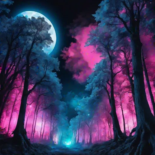 Prompt: Fantasy forest engulfed in blue and pink flames, towering trees illuminated by the huge full moon, night scene, high quality, surrealistic, vibrant colors, ethereal lighting, magical atmosphere