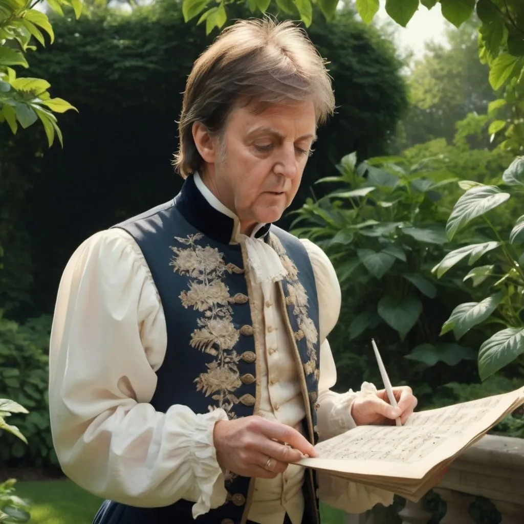 Prompt: Renaissance musician, Paul McCartney, in a lush, detailed garden, examining a sheet of music, period attire with intricate embroidery, aged parchment in hand, soft natural lighting filtering through the leaves, realistic textures, high detail, serene expression, historical accuracy, 4k --ar 4:5 --s 120