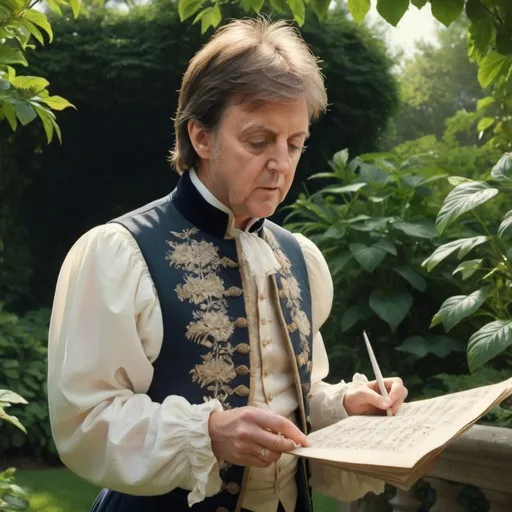 Prompt: Renaissance musician, Paul McCartney, in a lush, detailed garden, examining a sheet of music, period attire with intricate embroidery, aged parchment in hand, soft natural lighting filtering through the leaves, realistic textures, high detail, serene expression, historical accuracy, 4k --ar 4:5 --s 120