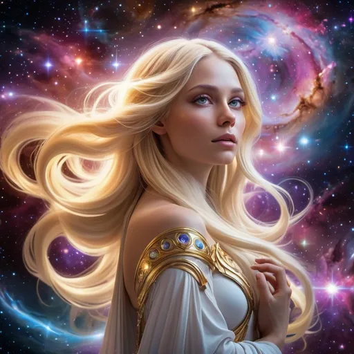 Prompt: Galactic Goddess, long flowing blond hair, swirling galaxies, celestial phenomena, cosmic essence, shimmering blond hair, celestial beauty, powerful presence, cosmic atmosphere, cosmic lighting, otherworldly radiance, highres, ultra-detailed, ethereal, fantasy, cosmic colors, cosmic lighting, mystical