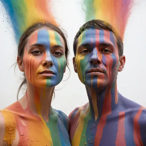 Prompt: Man and woman with multi-colored faces stand next to each other, the colors run vertically across the face in narrow stripes, dripping and running drops of color over the entire face and upper body, full-body portrait from above, they run, behind them the colors dissolve into small colored clouds of dust , between the color stripes there are white color stripes,