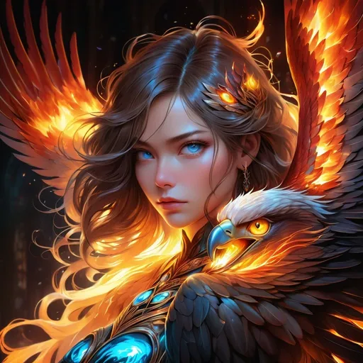 Prompt: eagle lady, flaming wings, fantasy, bioluminiscence, flowing hair, portrait, highly detailed, digital painting, beautiful eyes, symmetry, concept art, sharp focus, illustration, art by artgerm greg rutkowski magali villeneuve wlop ilya kuvshinov stained glass