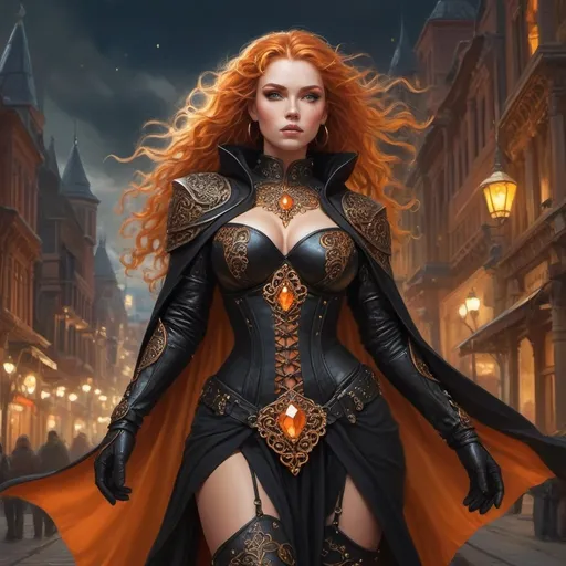 Prompt:  a mid range full body image of a woman in the bustling city center wearing black leather armor with intricate ornate metal details studded with orange gems and a golden circlet with a large gem on her head, long black billowing cape curvy, powerful, braided flowing ginger hair, Aramenta Dianthe Vail, fantasy art, epic fantasy, computer graphics, high heels, corset, long loincloth with intricate details, stockings, feminine face, magically glowing eyes, magical, tanned skin, night time