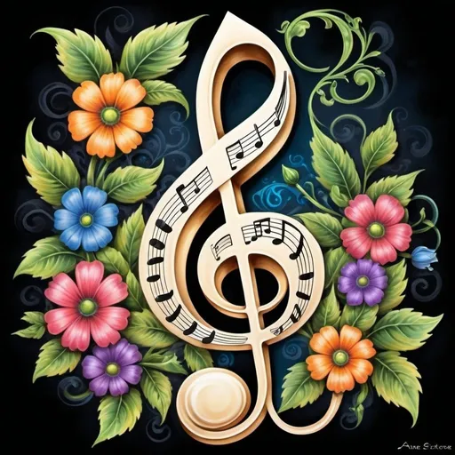 Prompt: highly detailed digital painting of a musical note with flowers and leaves, modern European ink painting, Anne Stokes, airbrush painting, treble, vibrant colors, intricate floral details, professional, art nouveau, detailed ink work, bright and vivid, artistic, modern, detailed shading, realistic textures, artistic lighting, professional quality