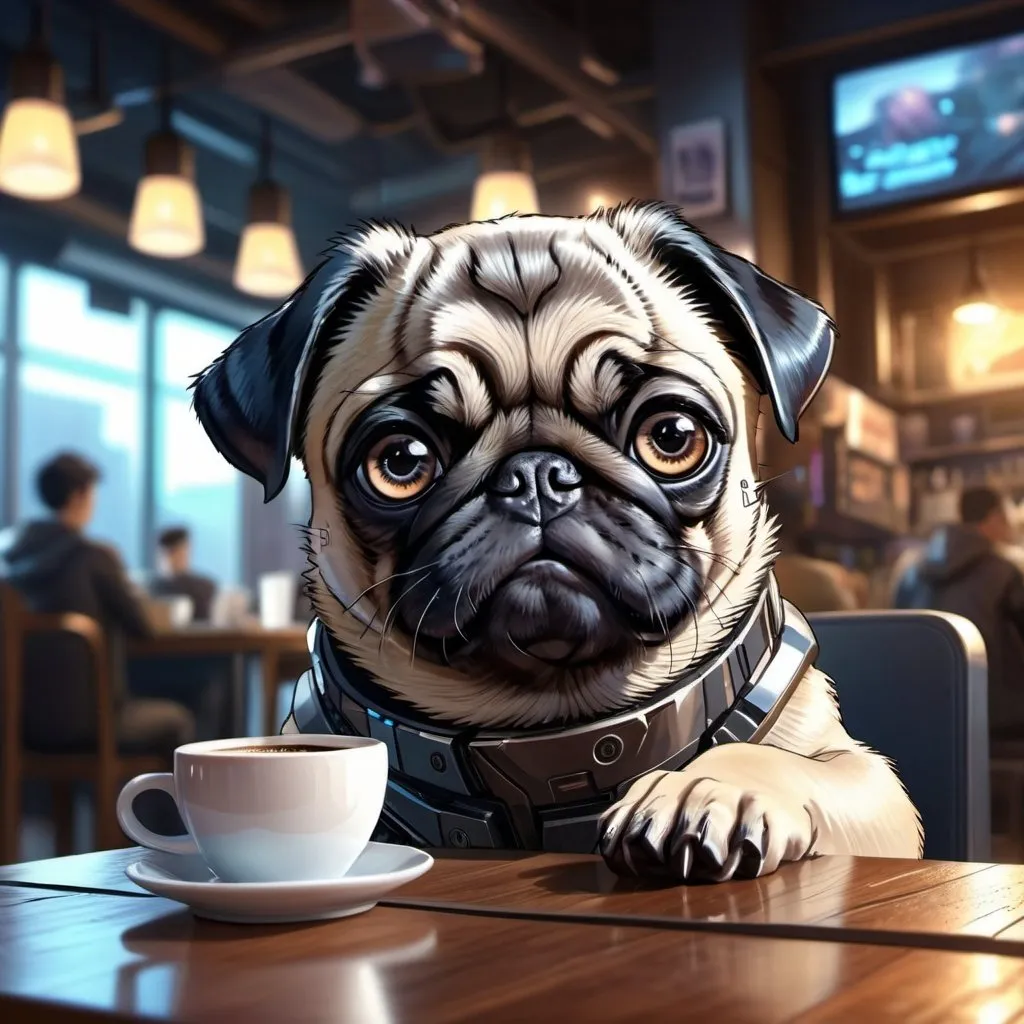 Prompt: Anime cyberpunk illustration of a pug puppy, detailed fur with cool reflections, adorable and expressive eyes, cozy coffee shop setting, futuristic signs in the background, high-tech accessories, best quality, HD, ultra-detailed, anime, cyberpunk, detailed eyes, cozy atmosphere, futuristic lighting