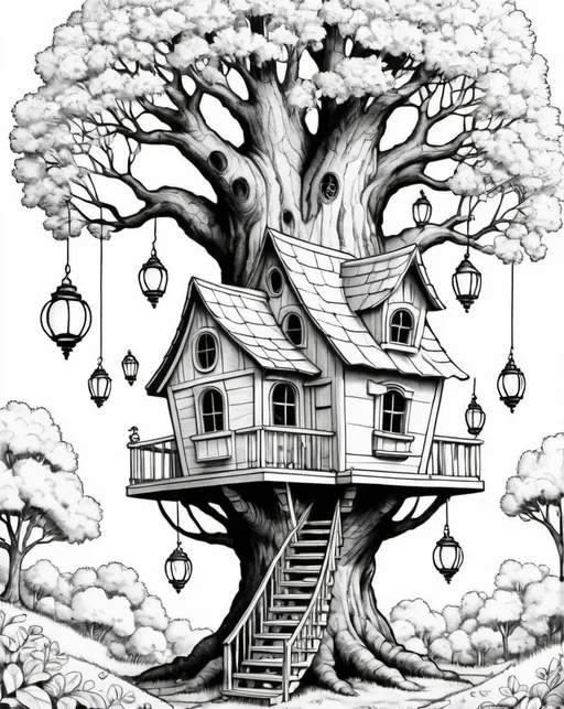 Prompt: A magical treehouse nestled high in a giant oak tree with a winding staircase leading up, lanterns hanging from branches, and whimsical windows peeking out from the tree trunk. A stunning monochrome coloring page. Pure white background, black and white color with no shading, crisp drawing line, extremely high-quality coloring book style, anime style, clean and bold lines, and a high level of detail to give it a clarity and clean appearance. The image is bold, clean, and crisp line art, ink drawing in coloring book style.