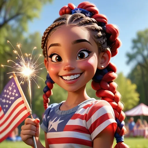 Prompt: Disney style Patriotic girl with braids and a happy smile, she is holding high an American Flag in one hand and a sparkler in the other hand vibrant colors, sunny family picnic in the background