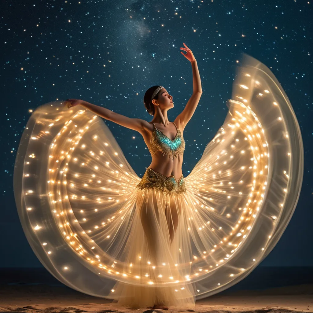 Prompt: Celestial Dancer: Capture the ethereal beauty of a dancer gracefully moving among the stars. Utilize long exposure techniques and creative lighting to emphasize the fluidity of the movements. Shot with a full-frame Canon EOS R6, using a 24-70mm lens at 50mm, f/2.8, and a remote trigger for precise timing.