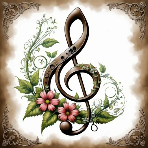 Prompt: a painting of a musical note with flowers and leaves on it's side and a treble on the other side, Anne Stokes, modern european ink painting, highly detailed digital painting, an airbrush painting