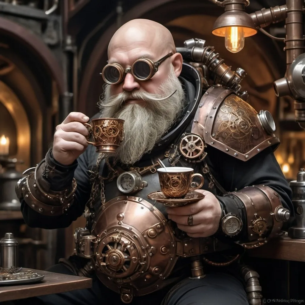 Prompt: Dwarf holding a fancy cup of tea, dredded in advanced steampunk exoskeleton-mech dnd armor with shiny onyx gems embodied in various places, dnd character, steampunk setting, dramatic lighting, black and copper color pallette, hi-tech gadgets, exoskeleton like armor with runes engraved in an unknown dragon language, shaded welding goggles, bald, face dirty from oil and dust, long, luscious beard