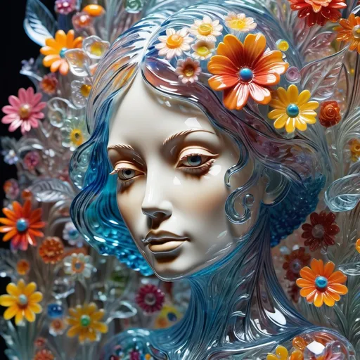 Prompt: A detailed and vibrant transparent glass sculpture of a woman with flowers, intricate details, surreal, colorful background