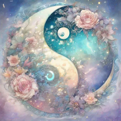 Prompt: insanely detailed gorgeous sparkling pastel yin yang with one side as pastel blooming nature and other side with pastel ocean, surrounded by glowing illuminated sparkles, Stylized watercolor, iridescent, Fantastical, Intricate, Fantasycore, Scenic, Hyperdetailed, Royo, Bagshaw, Chevrier, Ferri, Kaluta, Minguez, glowing edges, beautiful pastel colors, Mucha, Cina. Cinematic, WLOP