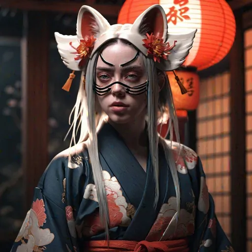 Prompt: a photorealistic dramatic fantasy render of a beautiful woman billie eilish wearing a beautiful intricately detailed japanese monkey kitsune mask and clasical japanese kimono by wlop, artgerm, greg rutkowski, alphonse mucha, epic, beautiful dynamic dramatic dark moody lighting, shadows, cinematic atmosphere, artstation, concept design art, octane render, 8 k