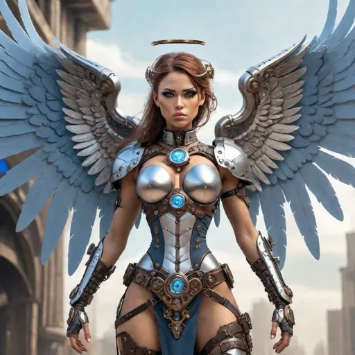 Prompt: Steampunk Valkyrie angel character with a silver and blue costume adorned with wings, blending plastic armor and mystical elements. Emphasize her powerful physique, winged appearance, and epic angel wings growing out of her arms. Incorporate super-wide wingspan and big angel wings wide open, drawing inspiration from biblically accurate angels. Blend cyborg and angelic aspects to depict a unique character, a beautiful cyborg angel girl with a muscular warrior physique. Add totalitarian socialist themes and massive angel wings for a visually striking, otherworldly representation of a Steampunk Valkyrie.

