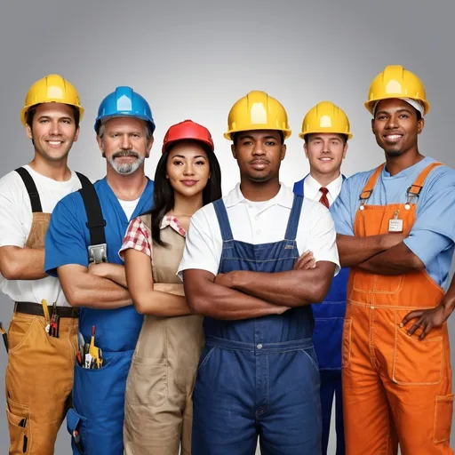 Prompt: In celebration of Labor Day in the United States, compose a photorealistic picture of five laborers representing (teachers, construction workers, electricians, nurses, fast food workers, etc.) Multicultural, multiethnic, Diverse