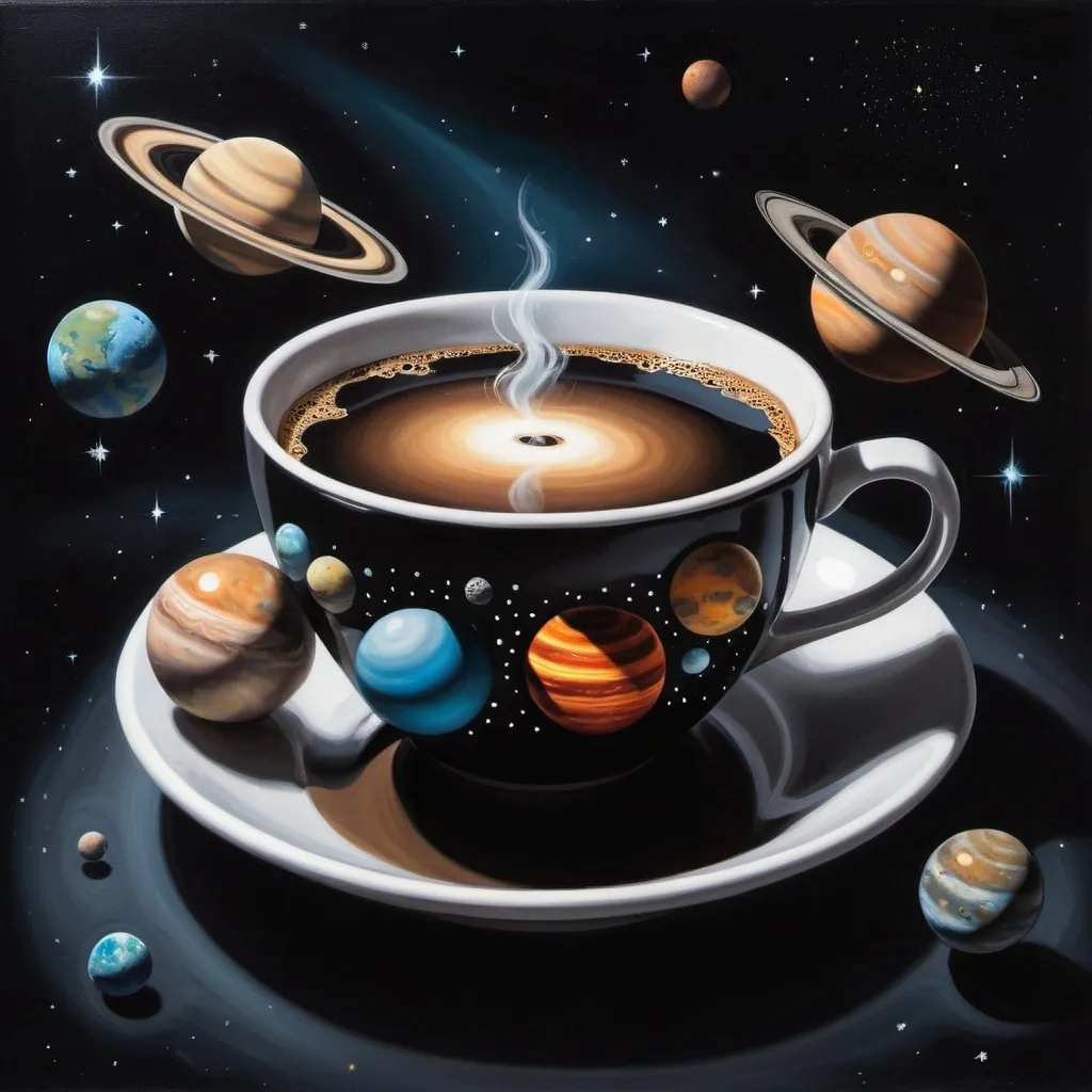 Prompt: a cup of coffee with planets floating out of it and a star in the background with a black background, Adam Szentpétery, space art, planets, a surrealist painting