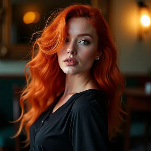Prompt: photorealistic quality, (high-resolution photography), (50mm lens), glamorous fashion model with beautiful bright red hair in a sophisticated setting, (high-contrast color setting), cool color tones, confident expression, sharp lighting, sophisticated atmosphere, elegant poses, dramatic shadows, ultra-detailed, striking composition, cinematic quality.