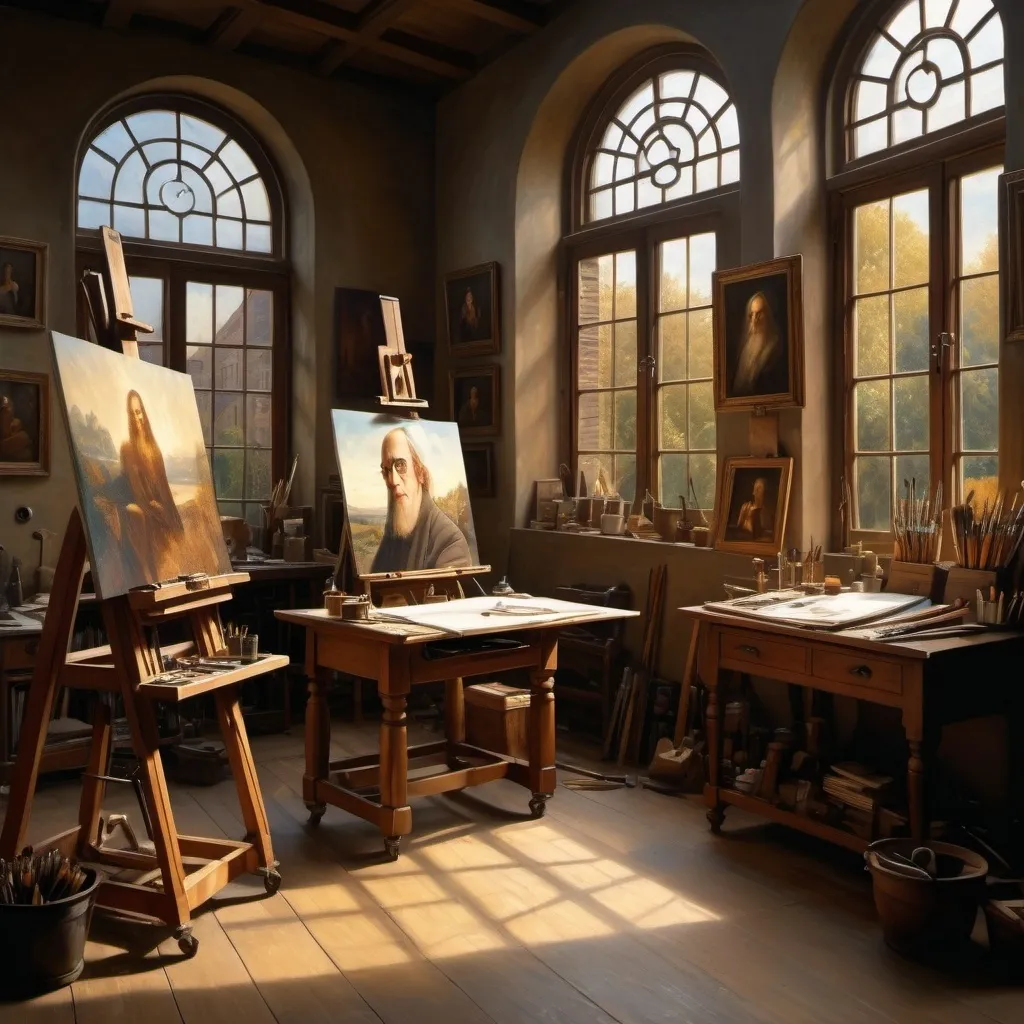 Prompt: (detailed scene of an artist's studio), (oil painting on cotton canvas), towering windows, Leonardo da Vinci painting, subject Stephen Hawking, (soft lighting), warm and inviting ambiance, deep rich colors, intricate artistic tools scattered about, emphasizing wisdom and timelessness, rich textures, HD representation, artistic atmosphere, inspiring creativity, --ar 4:3 --s 150.