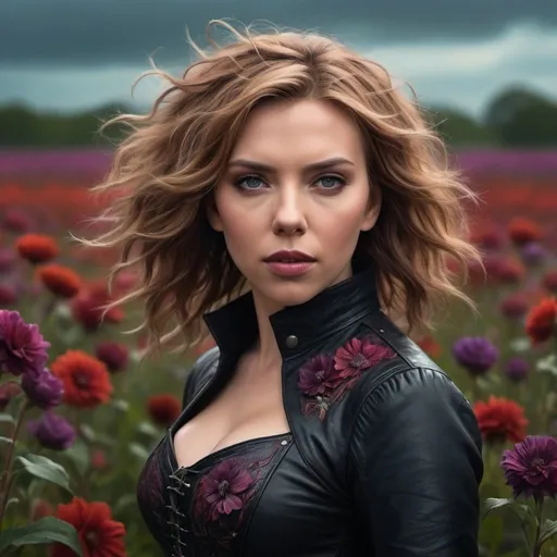 Prompt: Character portrait of Scarlett Johansson in gothic fantasy style, windblown hair, leather texture, posing in vibrant flower field, highres, dramatic lighting, dark tones, fantasy, gothic, character portrait, windblown hair, leather top, vibrant flowers, dramatic pose