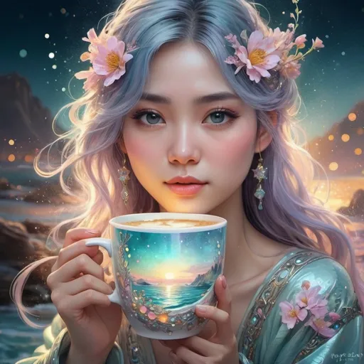 Prompt: insanely detailed gorgeous sparkling pastel coffee cup with one side as pastel blooming nature and other side with pastel ocean, surrounded by glowing illuminated sparkles, Stylized watercolor, iridescent, Fantastical, Intricate, Fantasycore, Scenic, Hyperdetailed, Royo, Bagshaw, Chevrier, Ferri, Kaluta, Minguez, glowing edges, beautiful pastel colors, Mucha, Cina. Cinematic, WLOP